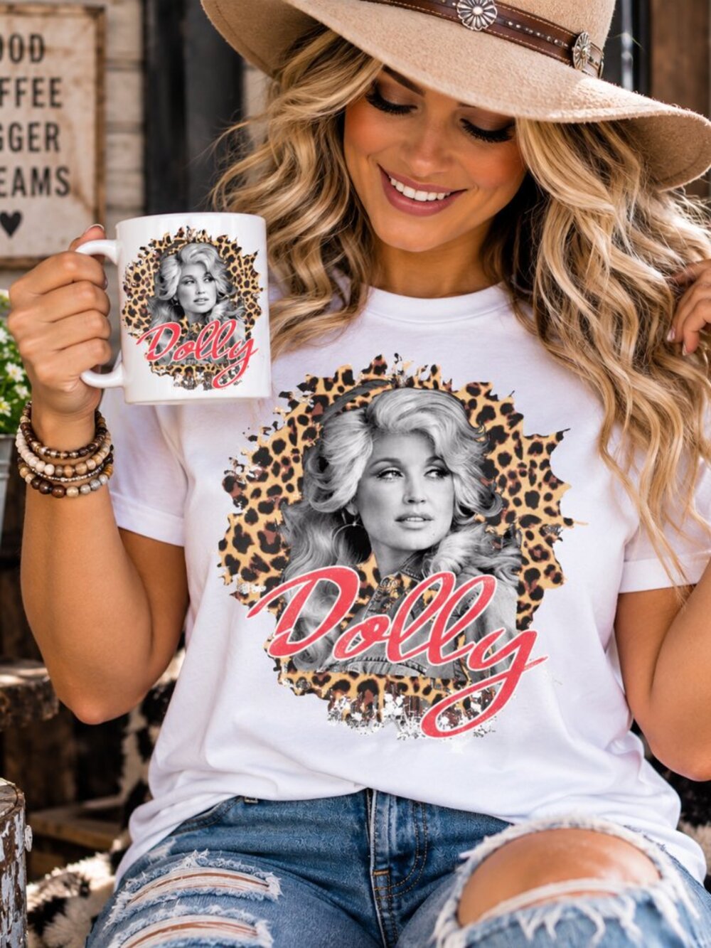 Dolly Animal Print Western Graphic Tee Coffee Mug Custom Matching Bundle Set